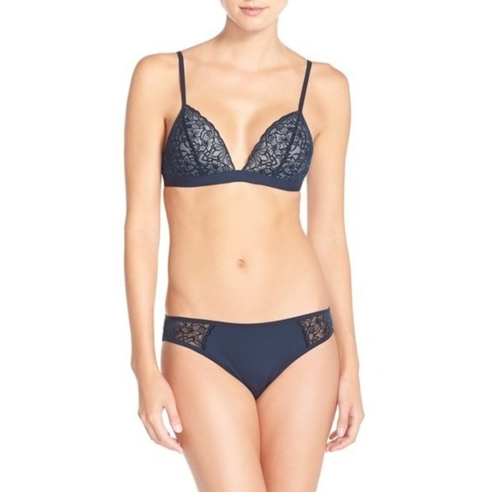NWT Halogen L Lace Bralette Wire Free Blue Floral Velvet Bra 113728
